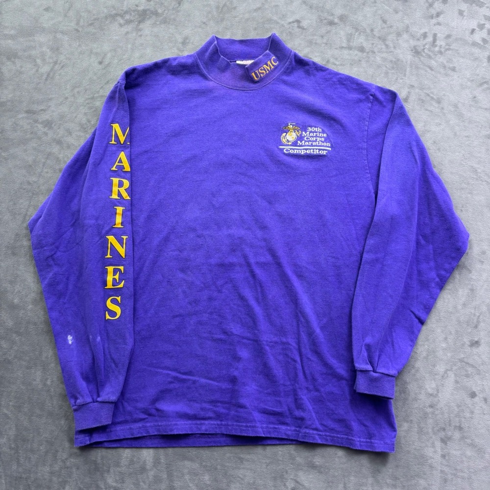 Vintage 2005 Marine Corps Marathon USMC Mock Neck Long Sleeve Shirt Purple Large